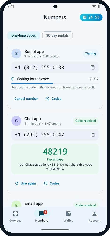 Codesverify Android app showing a received verification code